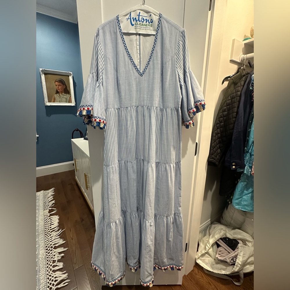Tuckernuck Blue and White Maxi Dress with Multicolor Trim
